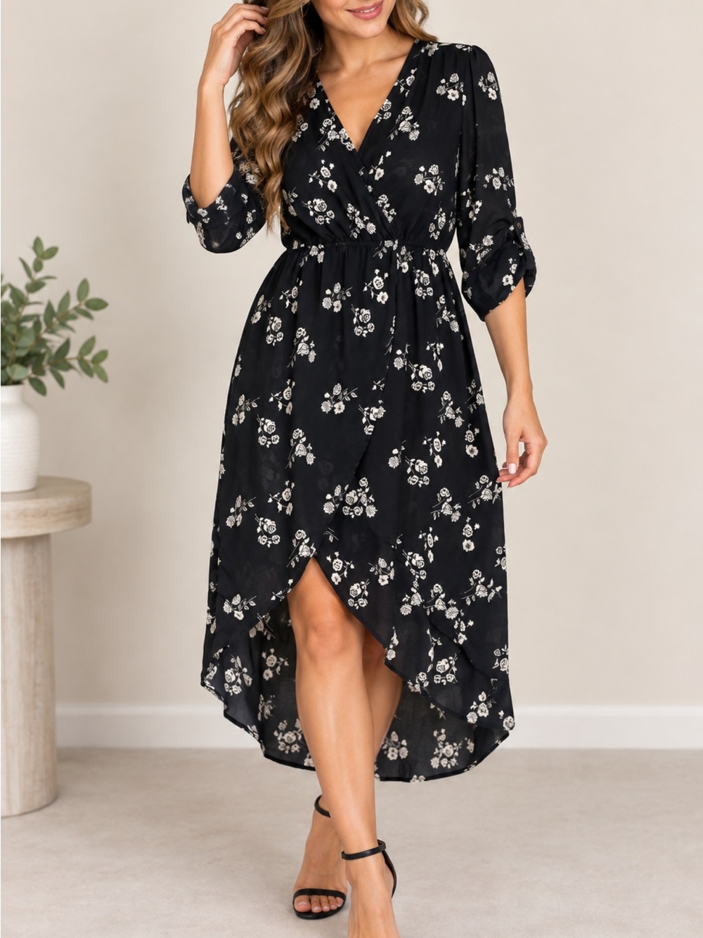 Torrid Navy Floral Wrap Hi-Low Dress